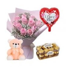12 Roses Roses, 16 Pcs Ferrero Rocher Boîte de Chocolat Ballon Gratuit