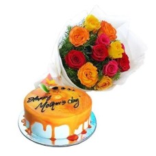 Gâteau avec bouquet de roses mélangées