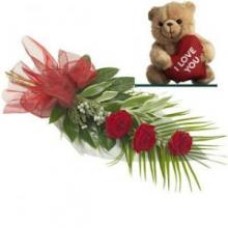 Bouquet de 3 roses rouges avec ours en peluche