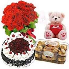Bouquet de 12 roses rouges, 16 chocolats Ferrero, 1 kg de gâteau Forêt-Noire et ours en peluche gratuit