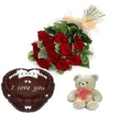 12 Roses Rouges, 1 Kg Gâteau En Forme De Coeur Et Ours En Peluche