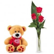 3 roses rouges avec ours en peluche