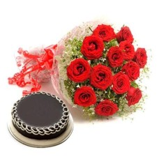 Bouquet de 12 roses rouges et gâteau au chocolat de 1 kg