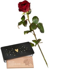 1 rose rouge (longue tige) et une barre de coeur en chocolat