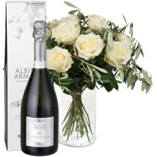 12 roses blanches avec verdure et prosecco Albino Armani Doc (minimum)