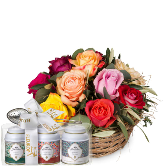 A Basket Full of Roses with Gottlieber tea gift set (Standard)