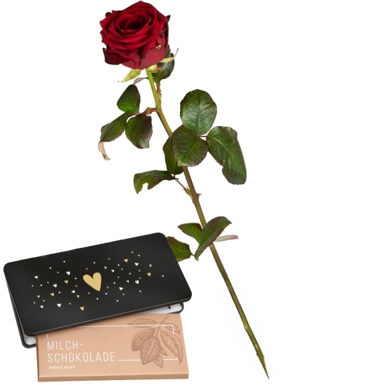 1 rose rouge (longue tige) et une barre de coeur en chocolat