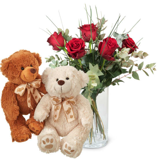 5 roses rouges avec verdure et deux ours en peluche (minimum)