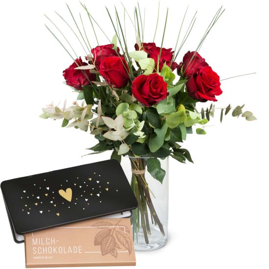 9 Roses Rouges Avec Verdure Et Tablette De Chocolat «Coeur» (Minimum)