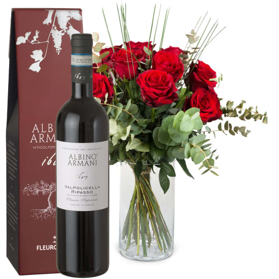 12 roses rouges avec verdure et Ripasso Albino Armani Doc (minimum)
