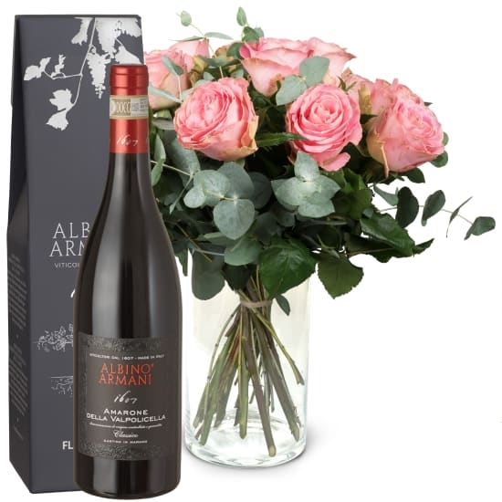 12 roses roses avec verdure et amarone albinos Armani Docg (minimum)