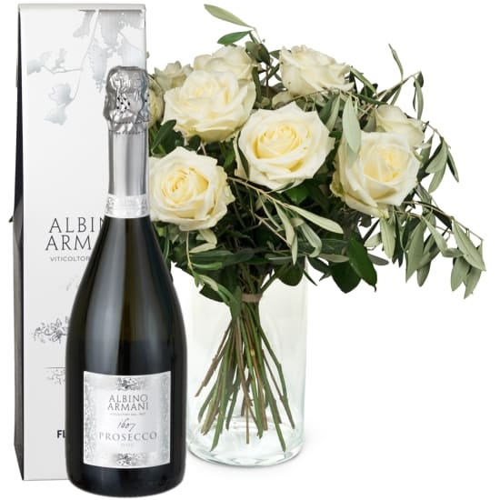 12 roses blanches avec verdure et prosecco Albino Armani Doc (minimum)