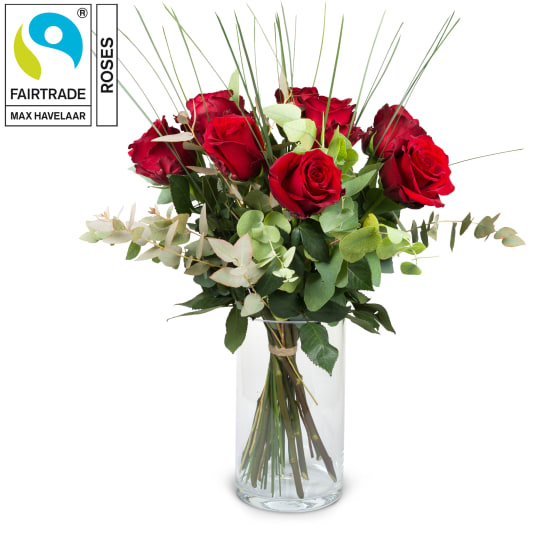 9 roses rouges Fairtrade Max Havelaar avec verdure (minimum)
