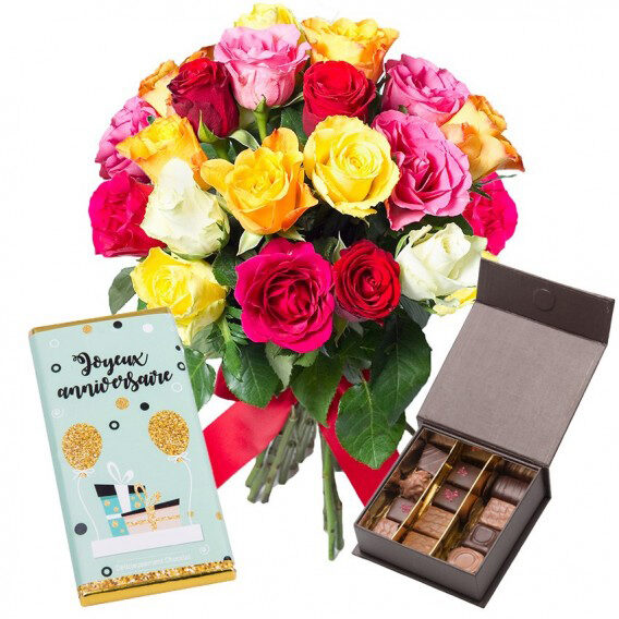 Roses et chocolats d'anniversaire