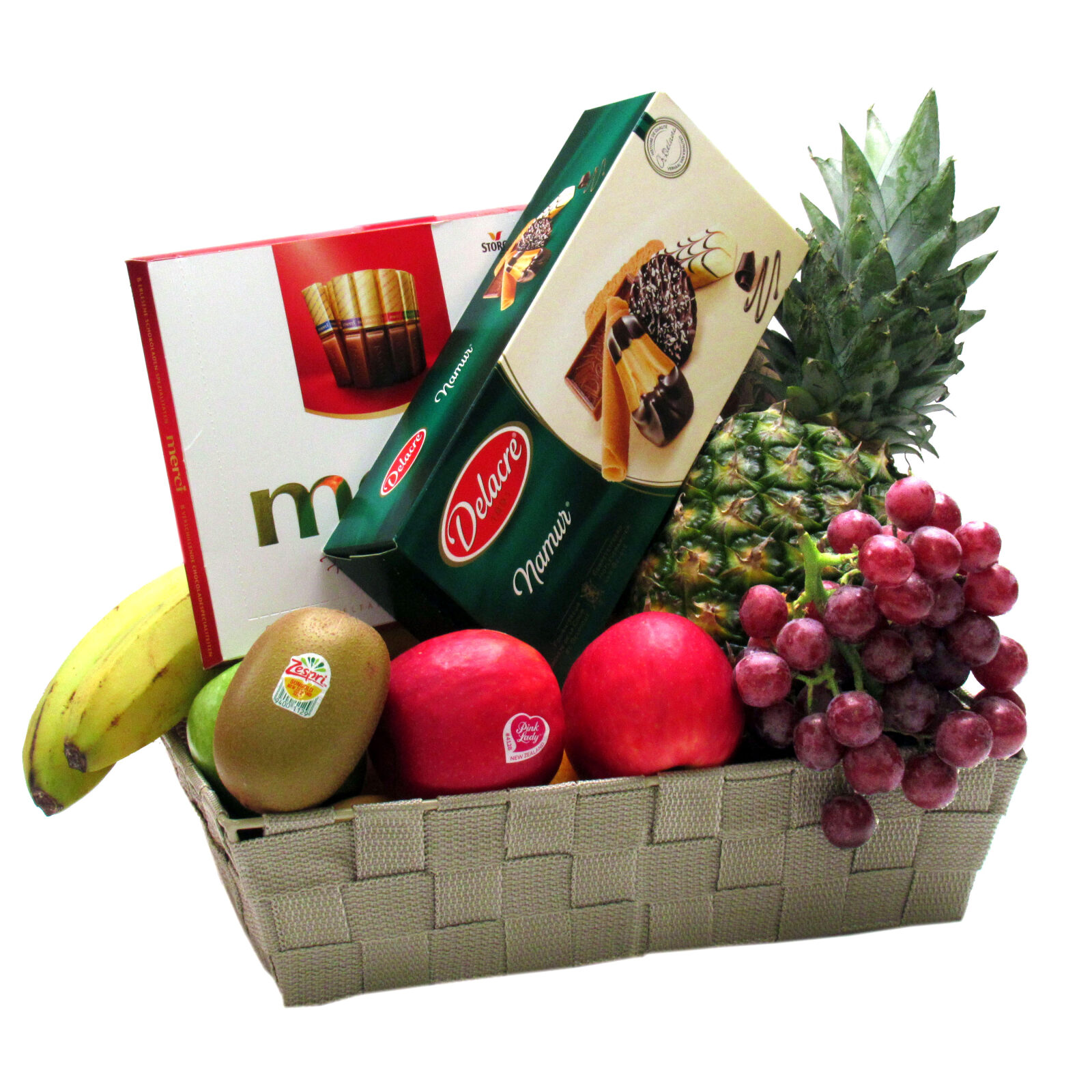 Corbeille de fruits avec biscuits belges et chocolat