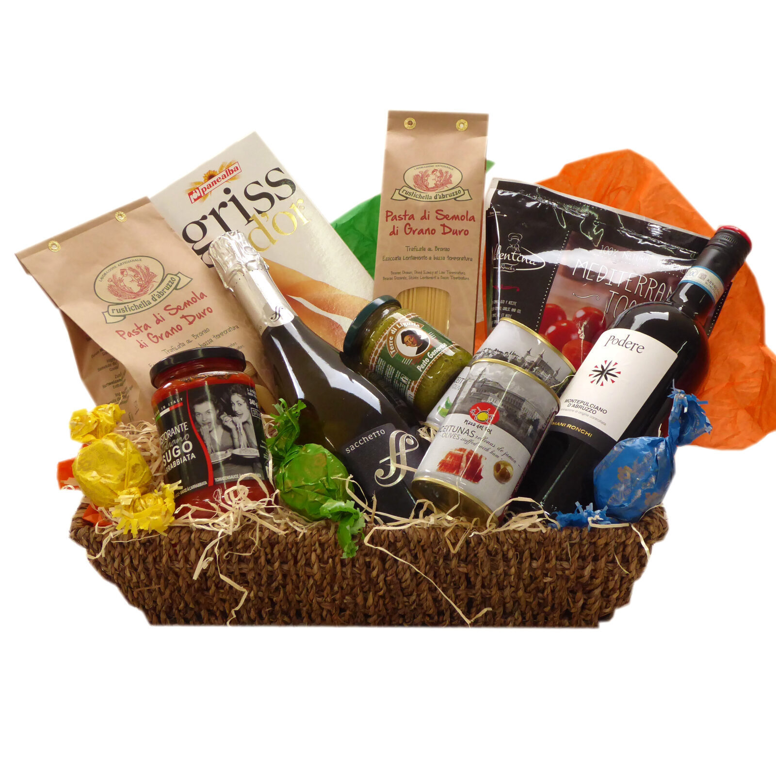 Panier cadeau italien avec Prosecco et pâtes au vin rouge